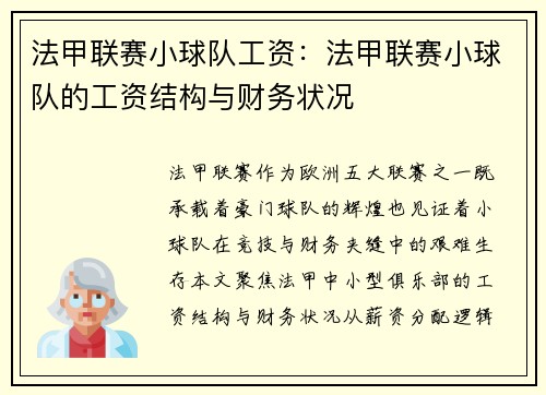 法甲联赛小球队工资：法甲联赛小球队的工资结构与财务状况